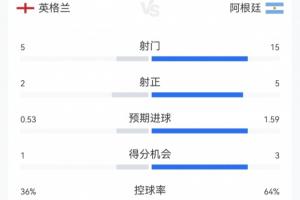 阿根廷2-1英格兰全场数据:阿根廷全面领先,15射5正;控球超60%
