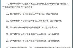 湖北省城市足球联赛组委会对仙桃队、黄石队作出处罚