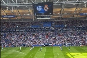 皇马对阵沙尔克友谊赛,樊振东亲临现场观战:hala madrid
