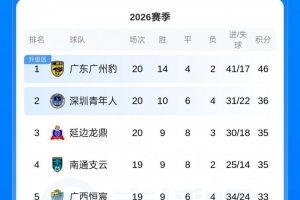 中甲积分榜:广州豹10分优势领跑,深圳青年人等4队争第2